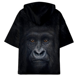 Fashionable Unisex Black 3D Print Orangutan Half Sleeve Hoodie
