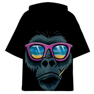 Fashionable Black 3D Print Cartoon Orangutan Half Sleeve Hoodie