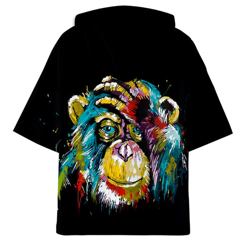 Image of Fashionable Black 3D Print Cartoon Orangutan Half Sleeve Hoodie