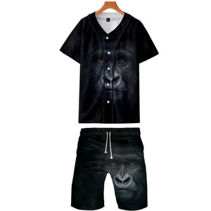 Men‘s Fashionable Black 3D Print Orangutan Baseball Shirt and Shorts Two-piece Set