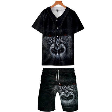 Image of Men‘s Fashionable Black 3D Print Orangutan Baseball Shirt and Shorts Two-piece Set