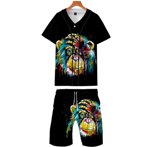 Image of Men‘s Fashionable Black 3D Print Cartoon Orangutan Baseball Shirt and Shorts Two-piece Set