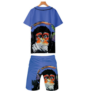 Men‘s 3 Colors 3D Print Cartoon Orangutan Baseball Shirt and Shorts Two-piece Set