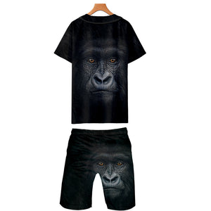 Men‘s Fashionable Black 3D Print Orangutan Baseball Shirt and Shorts Two-piece Set