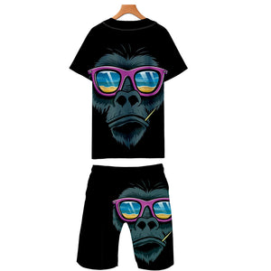 Men‘s Fashionable Black 3D Print Cartoon Orangutan Baseball Shirt and Shorts Two-piece Set