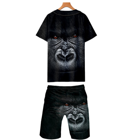 Image of Men‘s Fashionable Black 3D Print Orangutan Baseball Shirt and Shorts Two-piece Set