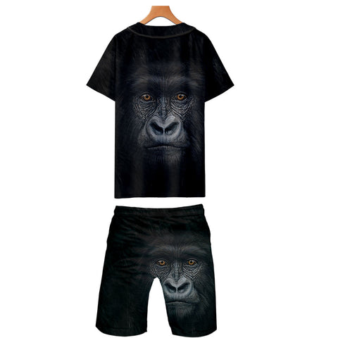 Image of Men‘s Fashionable Black 3D Print Orangutan Baseball Shirt and Shorts Two-piece Set