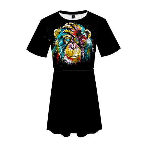 Image of Women's Fashionable Black 3D Print Cartoon Orangutan Dress