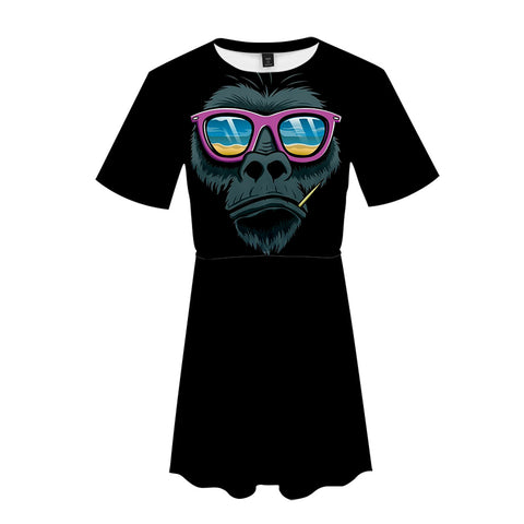 Image of Women's Fashionable Black 3D Print Cartoon Orangutan Dress