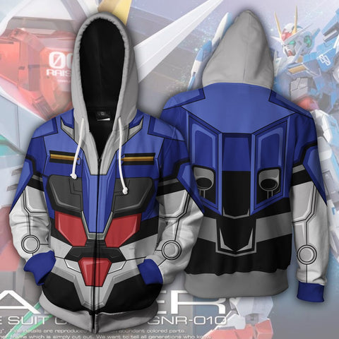 Image of Gundam 00 Raiser Hoodies - Zip Up Mobile Suit Blue Cosplay Hoodie