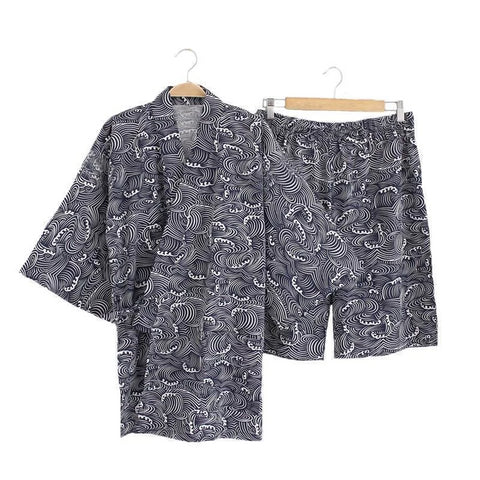 Image of Unisex Pajamas Sets Print Kimono Suit Japanese Style Soft Homewear Short Sleeve Tops & Shorts