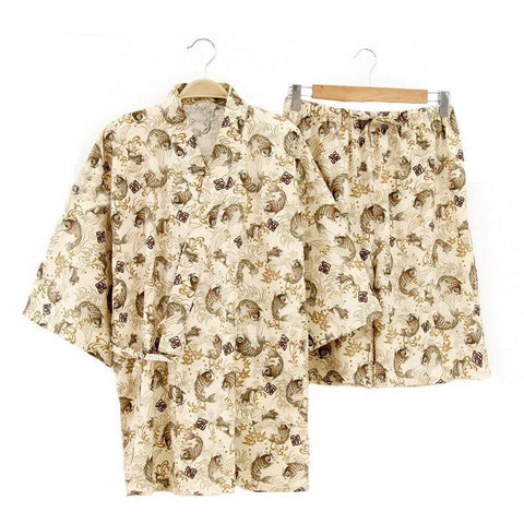 Image of Unisex Pajamas Sets Print Kimono Suit Japanese Style Soft Homewear Short Sleeve Tops & Shorts