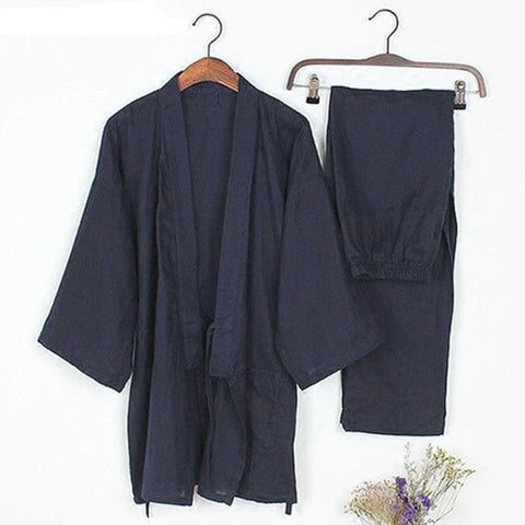 Image of Vintage Japanese Style Men Kimono Set Pajamas Pants & Tops Cotton Nightwear