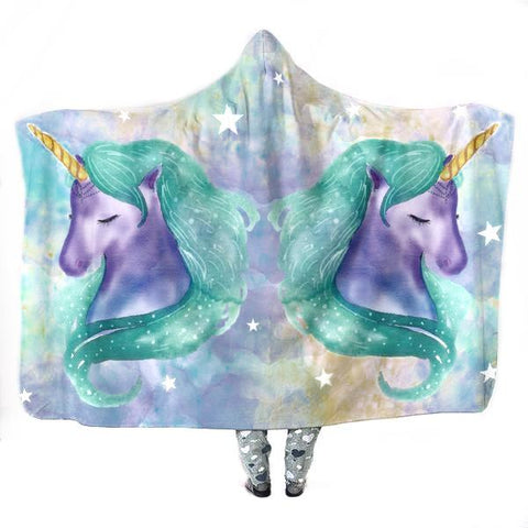 Image of Unicorn Hooded Blanket - Two Unicorn Blue Blanket