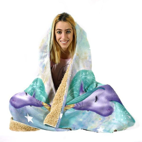 Image of Unicorn Hooded Blanket - Two Unicorn Blue Blanket