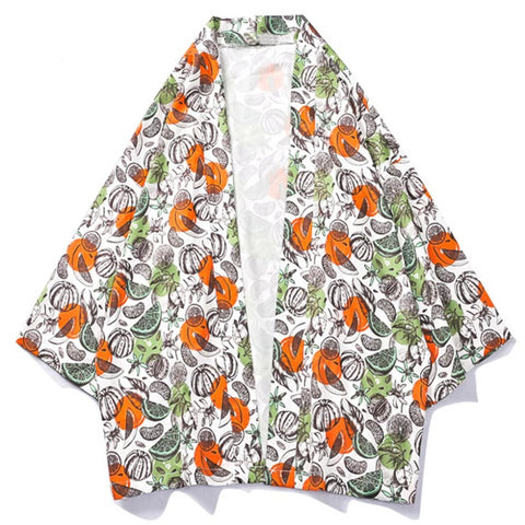 Image of Men Fruit Printed Japanese Kimono Long Sleeve Casual Summer Shirts