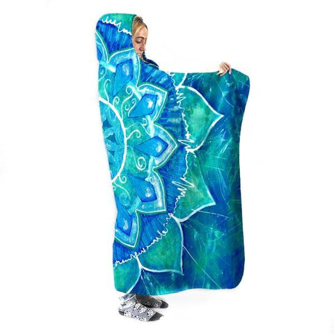 Image of Blue Mandala Hooded Blanket - Blooming Blowers Blue Blanket