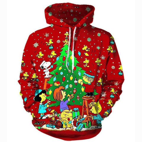 Image of Christmas Decorating Hoodies - Pullover Red Snoopy Peanuts Hoodie