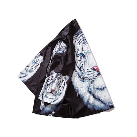 Image of Men Japan Style White Tiger Printed Thin Kimono Robe Jackets