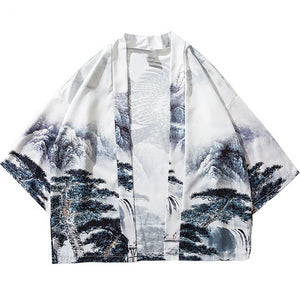 Men Summer Chinese Paint Eagle Tree Print Harajuku Kimono Jacket