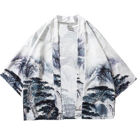 Image of Men Summer Chinese Paint Eagle Tree Print Harajuku Kimono Jacket