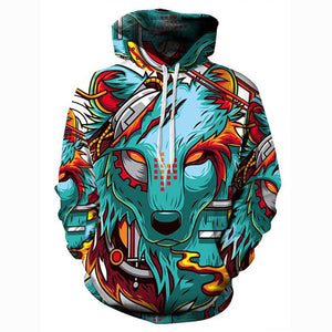 3D Printed Cartoon Wolf Hoodie - Hooded Basic Exaggerated Pullover