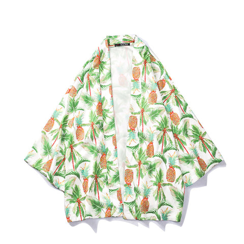 Image of Men Pineapple Print Loose Cool Casual Japanese Style Beach Kimono Shirt