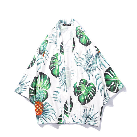 Image of Men Summer Leaf Print Fashion Japanese Kimonos Cardigan Shirt