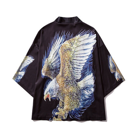 Image of Eagle Printed Men Summer Loose Cotton Kimono Cool Jacket Streetwear