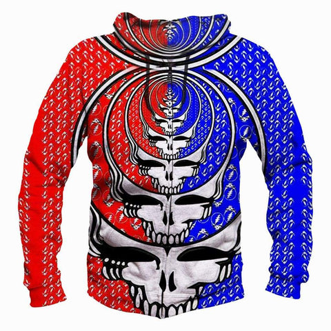 Image of Funny Grateful Dead Hoodies - Zip Up  Red - Blue Skull 3D Hoodie