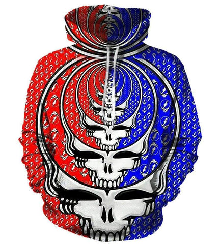 Image of Funny Grateful Dead Hoodies - Zip Up  Red - Blue Skull 3D Hoodie