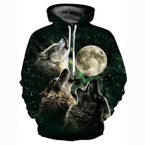 3D Printed Wolf Cartoon Hoodie - Hooded Basic Exaggerated Pullover