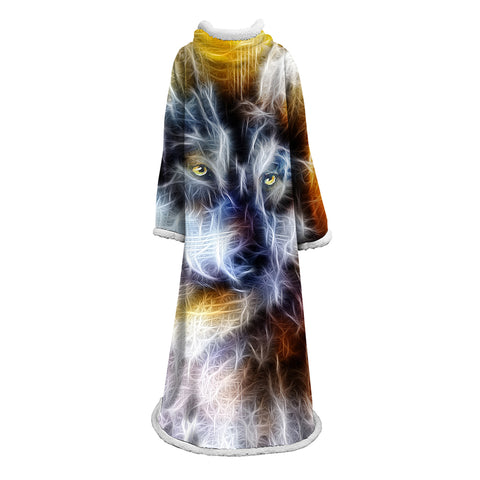 Image of Plush Thickened Blanket With Sleeves -3D Digital Printed Wolf Blanket Robe