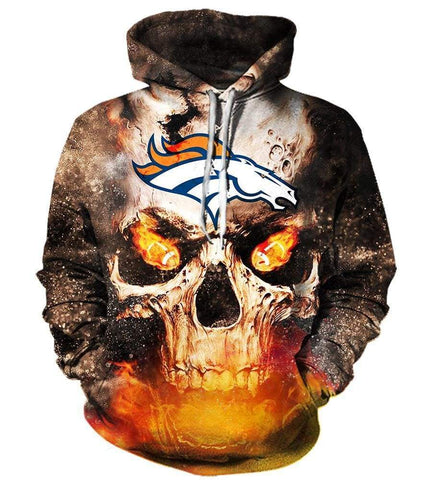Image of Skull Denver Broncos Hoodies - Pullover Grey Hoodie