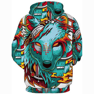 3D Printed Cartoon Wolf Hoodie - Hooded Basic Exaggerated Pullover